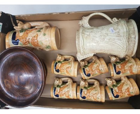 A mixed collection of items to include a turned oak comport, Burleigh ware Coronation jug and a Japanese made pitcher and set