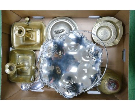 A mixed collection of Metal Ware items to include brass candlestick similar dinner bell. silver plated butter dish etc 