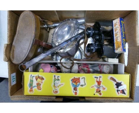 A mixed collection of items to include Boxed Pelham Puppet, WW2 era Primax Deraisme Binoculars, silver plated items &amp; min