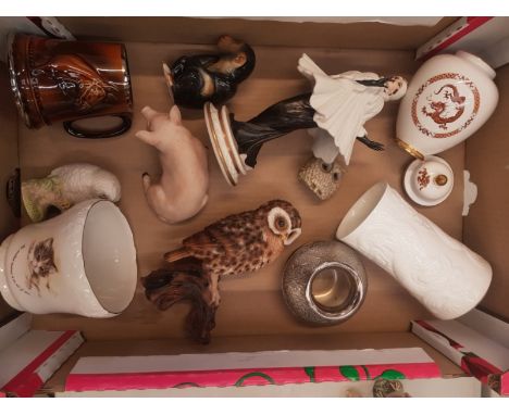A mixed collection of ceramic items to include Anysley pig and baby owl figures,  Carltonware Temple jar, Capo De Monte figur