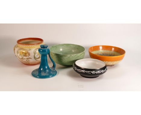 Shelley jardinere, harmony drip ware bowl, moire antique bowl, rose bowl and a candlestick ( 5 pieces) together a collection 