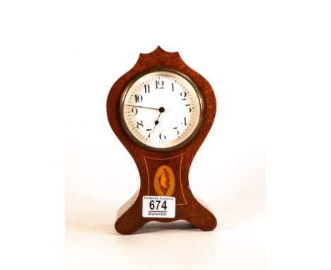 Edwardian mahogany cased balloon shaped inlaid mantle clock, 21.5cm high.  Not working. 