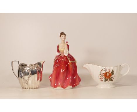 A mixed collection of items to include Silver Plated Jug, Royal Doulton Lady Figure Flower of Love Hn3970, Royal Worcester Ly