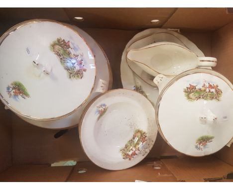 Jubilee china dinnerware in a hunting theme pattern to include 6 dinner plates, 6 rimmed soup bowls, 2 lidded tureens, gravy 