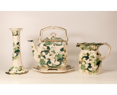 Masons Chartreuse patterned items to include Large teapot &amp; stand, candlestick &amp; water jug, tallest 22cm(4) 