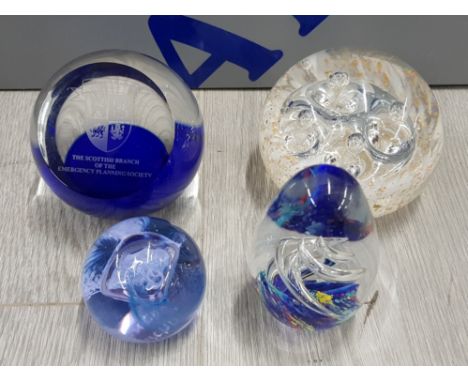 4 VINTAGE PAPERWEIGHTS INCLUDES SELKIRKGLASS EMERGENCY PLANNING SOCIETY AND CAITHNESS MOON CRYSTAL ETC