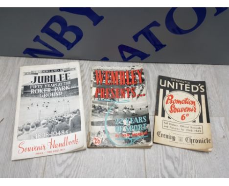 3 VINTAGE PROGRAMS INCLUDING NEWCASTLE UNITED PROMOTIONS SOUVENIR 6D 1948- 1949, WEMBLEY PRESENTS AND JUBILEE FIFTY YEARS AT 