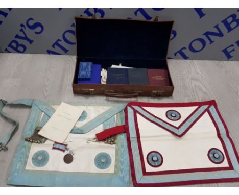 MASONIC REGALIA TO INCLUDE APRONS IN VINTAGE LEATHER CASE
