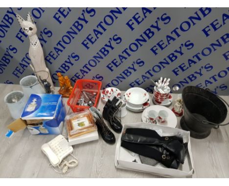 LARGE QUANTITY OF MIXED ITEMS INCLUDING POTTERY PART DINNER SET, YUAN GUANG BOOTS SIZE 40, HISPANITAS BOOTS SIZE 39 AND A VIN