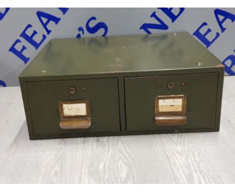 VINTAGE GREEN INDUSTRIAL 2 DRAWER CABINET 49CM BY 40CM BY 17CM