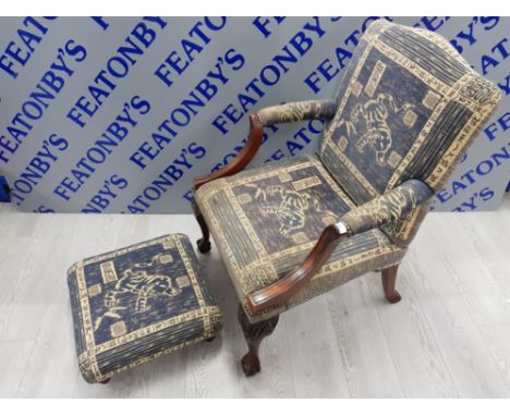 ANTIQUE STYLE GAINSBOROUGH CHINESE CHIPPENDALE ARMCHAIR WITH STRIKING ORIENTAL UPHOLSTERY FEATURING TIGER AND CALLIGRAPHY AND