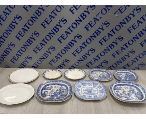 9 MEAT PLATES MAINLY BLUE AND WHITE INCLUDING SPODE AND SAVOY ETC