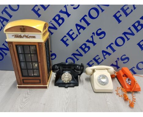 4 VINTAGE VARIOUS TELEPHONES INCLUDES TRIM PHONE AND ASTRAL, SOME 60S AND ONE IN THE SHAPE OF A TELEPHONE BOX