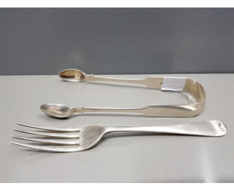 HALMARKED SILVER SUGAR TONGS PLUS SILVER FORK, 90.O  GRAMS
