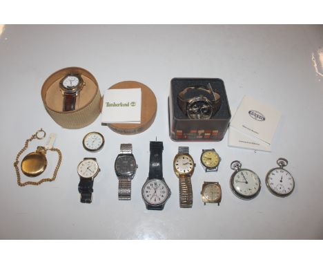 A box containing a Fossil wrist watch; a Timberland wrist watch and various other wrist watches and pocket watches 