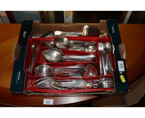 A box of various silver plated and stainless steel flatware 