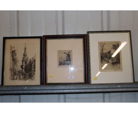 Two pencil signed engravings depicting watermill and wind mill; and a black and white print 