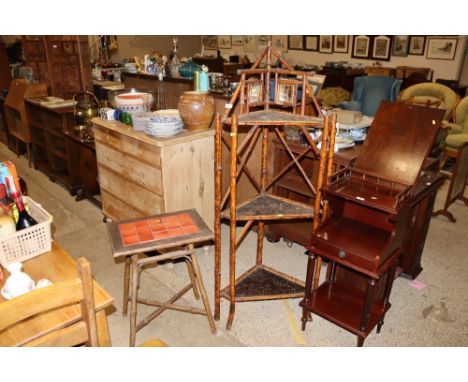 A Victorian bamboo whatnot together with a bamboo and tile topped side table