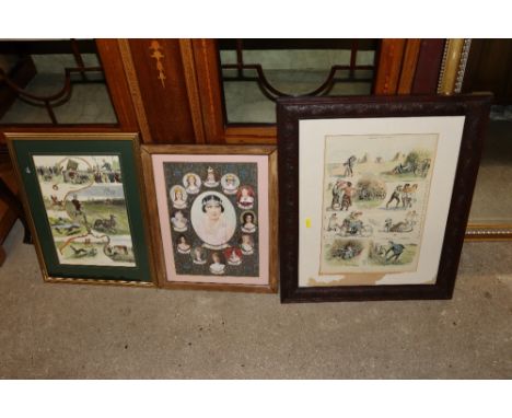 Three framed and glazed prints, "The Result Of Forty Winks", "Queen Consorts Crowned" and coloured print "Dog Derby"