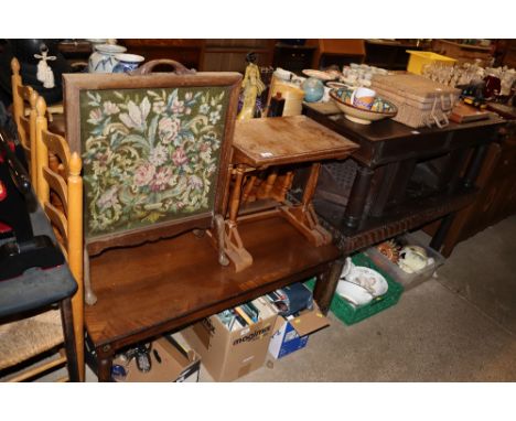 Four pine chairs AF; a pair of beech ladder back chairs AF; a needlework firescreen and a nest of two tables etc.