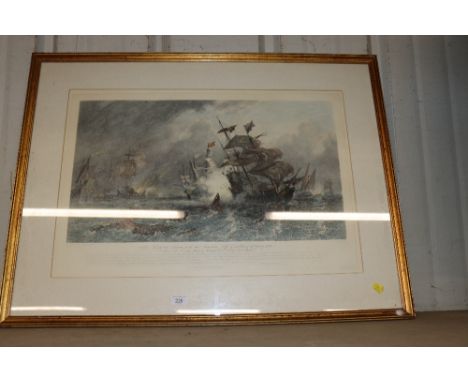 A coloured print after Oswald W. Brierly of an Armada ship