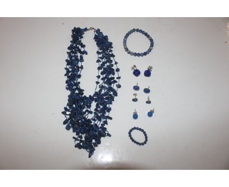 A Sterling silver flask mounted lapis lazuli necklace, bracelet and ear-rings 