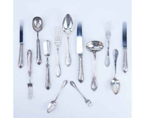 One Hundred Twenty Nine (129) Pieces Odiot Fontenelle French Silver Flatware. This antique set includes: 18 dinner forks 10-1