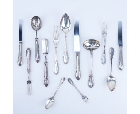 One Hundred Twenty Nine (129) Pieces Odiot Fontenelle French Silver Flatware. This antique set includes: 18 dinner forks 10-1