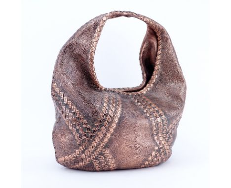 Botega Veneta Metallic Cervo Deerskin Large Hobo. The bag features a looping shoulder strap and a woven intrecciato embellish
