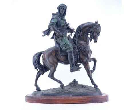 After: Antoine-Louis Barye, French  (1795 - 1875) “Cavalier Arabe” Orientalist Bronze Sculpture on Wooden Plinth. Signed in t