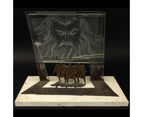 Robert Stoetzer, American (b 1938) Metal and Lucite "Moses" Sculpture on Stone Base. Signed and dated 1966. Rubbing to metal,