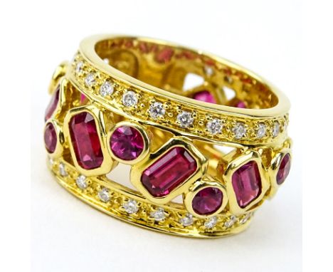 Sonia Bitton 14 Karat Yellow Gold, Diamond, High Quality Round and Baguette Cut Ruby Ring. Stamped 14k, Sonia B. Good conditi