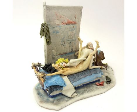 Adriano Colombo Italian Erotic Ceramic Grouping. Signed. Loss to one finger or else good condition. Measures 9" H x 12-1/4" W