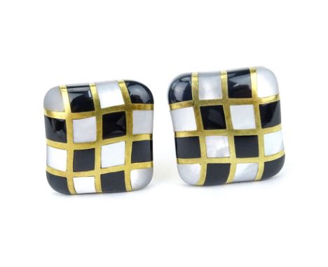 Circa 1984 Angela Cummings 18 Karat Yellow Gold, Mother of Pearl and Black Onyx Earrings. Signed, stamped 18K. Surface wear c