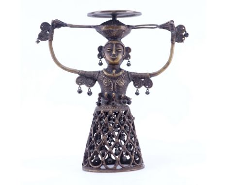 Indian Dokra Gilt Brass Sculpture Ornamented with Bells. Rubbing. Measures 13-3/4" H x 13-1/4" W. Shipping $66.00 (estimate $