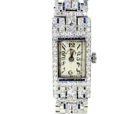 Art Deco Vacheron Constantin for Tiffany &amp; Co Approx. 1.70 Carat Diamond, Sapphire and Platinum Bracelet Watch with Manua