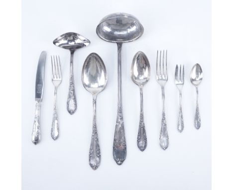 Eighty-Four (84) Piece Victorian German Silver Plate Flatware. Extra Large Pieces. Includes: 12 forks 8-5/8", 12 luncheon for