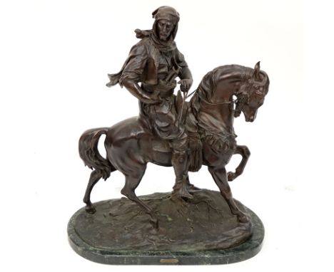 After: Antoine-Louis Barye (French, 1795-1875) Arab On Horseback. Patinated bronze sculpture raised on a 1.5" marble base bea