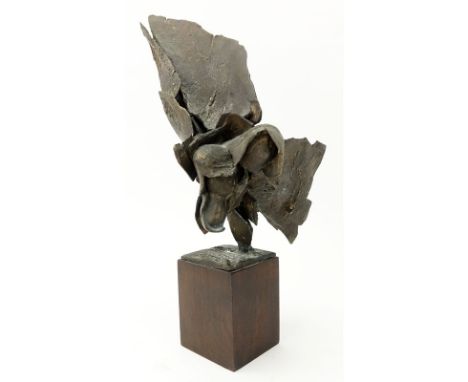 Mid Century Modern Abstract Bronze Sculpture on Wooden Base. Unsigned. Good condition. Measures 16" H (with base). Shipping: 