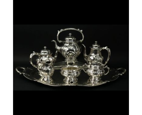 Important Gorham Martele .9584 Silver Tea and Coffee Service With Tray Circa 1910. Retailed by Spaulding & Co., Chicago. The 