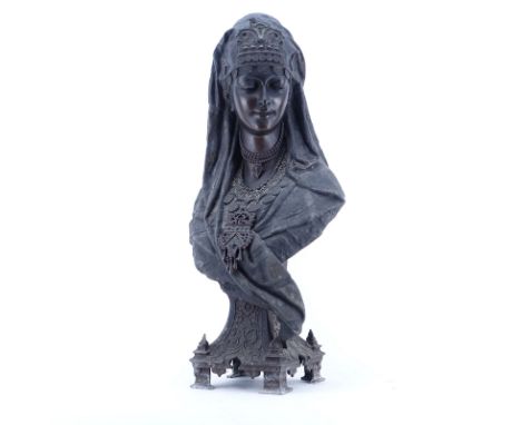 After: Louis Hottot, French (1834 - 1905) Polychrome and Patinated Orientalist French Metal Bust, Sculpture of a Female. Unsi