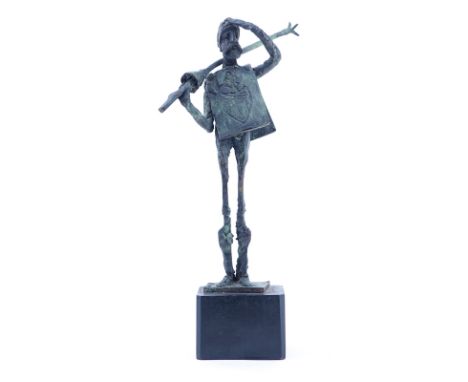 "Don Quixote" Metal Sculpture Signed R. Barnes. Dated 1962. Rubbing to patinated surface. Measures 14-3/4" H. Shipping $78.00