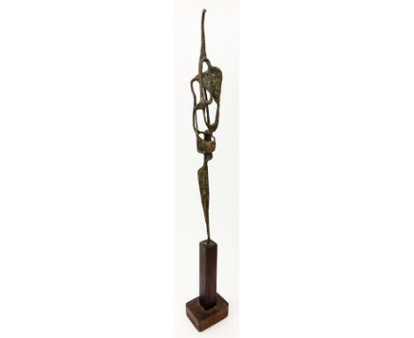 Mid Century Abstract Bronze Sculpture on Wooden Base. Unsigned. Rubbing to finish. Measures 28-1/4" H. Shipping: Third party.
