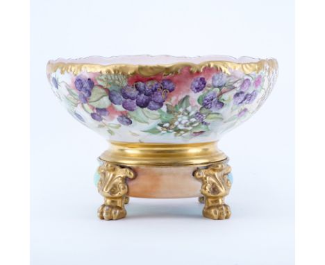 19th Century Hand Painted Limoges Porcelain Bowl On Stand. Decorated with a blackberry motif. Back stamp mark and inscribed w