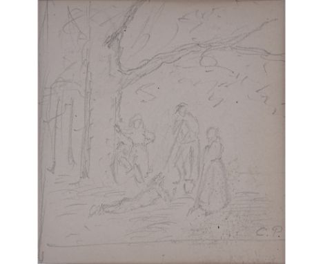 19th Century French School Double Sided Pencil Sketch On Paper. "Figures Under A Tree" on one side "Man With Wheelbarrow" on 
