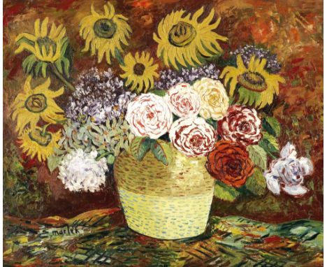 Elisée Maclet (French, 1881-1962)Vase de roses et de tournesols signed 'E.Maclet' (lower left)oil on canvas46.1 x 55cm (18 1/