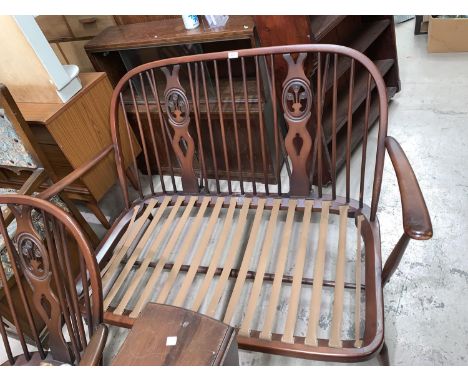 An Ercol low 2 seater settee, fleur-de-lys design, and 2 single armchairs (frame only) 