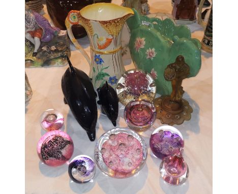 A Burlington ware cactus vase; various glass paperweights; a pair of light shades; other decorative items 