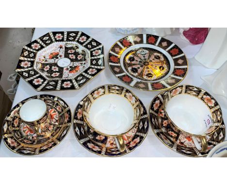 A Royal Crown Derby pair of breakfast cups and saucers; a coffee can and saucer; an octagonal dish; a circular dish, all Imar