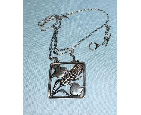 Georg Jensen:  sterling silver square framed necklace, a pair of birds perched on wheat blade, 3.5 cm, fine rectangular link 